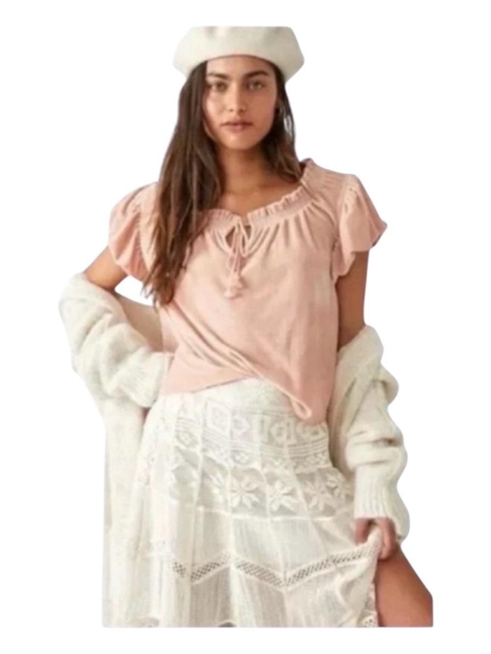 FREE PEOPLE Terese Velveteen Pink Ruffled
Keyhole Tie Puffed Sleeve Top, Size M.